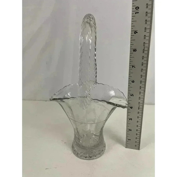 VTG Pressed Clear Etched Floral Glass Basket Vase 9.75" Tall MCM Home Decor - Picture 13 of 16